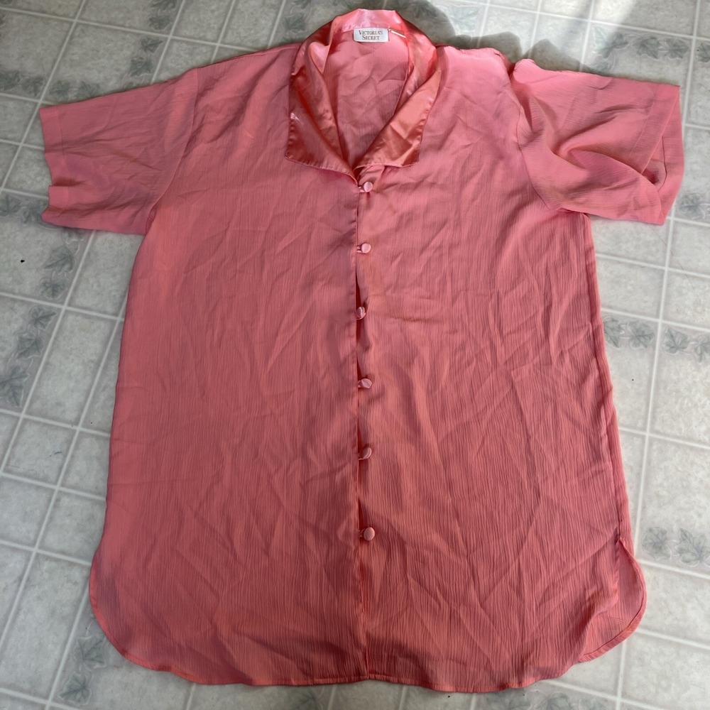 Victoria's Secret Gold Label Peach Satin Sleep Shirt Medium Large Covered button